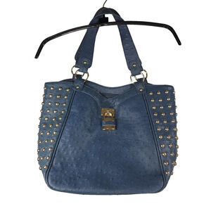 Vtg Expressions NYC Bag Purse Womens Blue Faux Ostrich Tote Hobo 2000s y2k